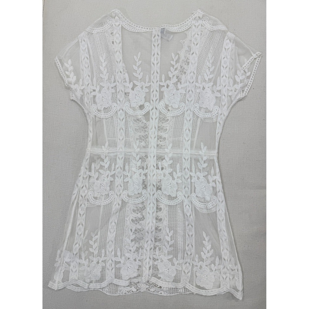 Amiani Lace Cover Up Womens Medium Boho Floral Tassel Trim White Excellent - Picture 6 of 6